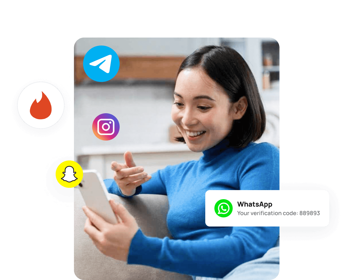 Woman with phone, receive SMS and app icons